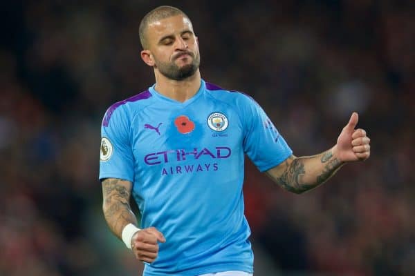 LIVERPOOL, ENGLAND - Sunday, November 10, 2019: Manchester City's Kyle Walker during the FA Premier League match between Liverpool FC and Manchester City FC at Anfield. (Pic by David Rawcliffe/Propaganda)