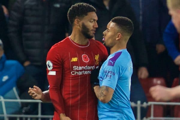 LIVERPOOL, ENGLAND - Sunday, November 10, 2019: Manchester City's Gabriel Jesus (R) clashes with Liverpool's Joe Gomez during the FA Premier League match between Liverpool FC and Manchester City FC at Anfield. (Pic by David Rawcliffe/Propaganda)