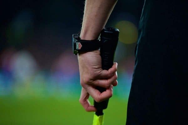 LONDON, ENGLAND - Saturday, November 23, 2019: An assistant referee wearing a Tag Heuer watch during the FA Premier League match between Crystal Palace and Liverpool FC at Selhurst Park. (Pic by David Rawcliffe/Propaganda)