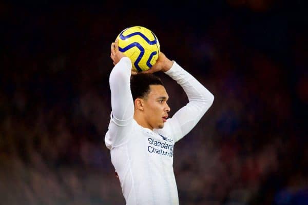 LONDON, ENGLAND - Saturday, November 23, 2019: Liverpool's Trent Alexander-Arnold takes a throw-in during the FA Premier League match between Crystal Palace and Liverpool FC at Selhurst Park. (Pic by David Rawcliffe/Propaganda)