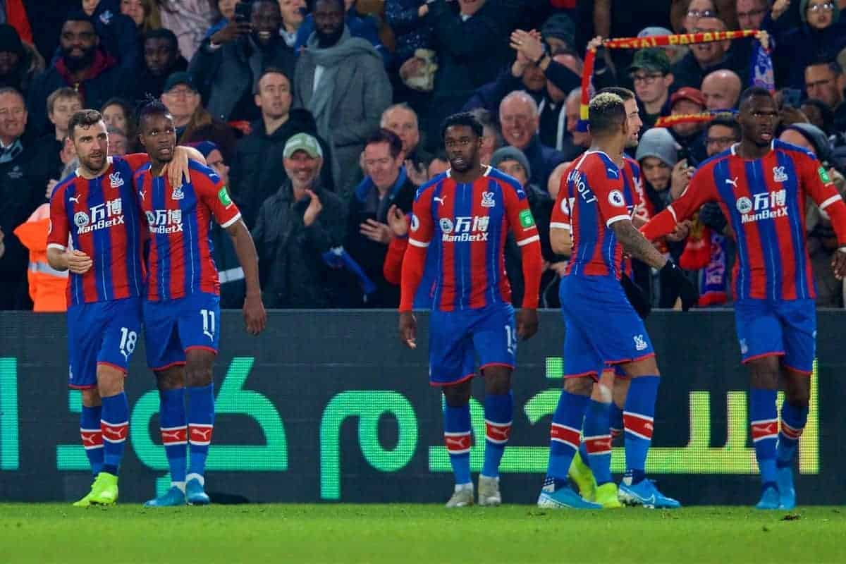 LONDON, ENGLAND - Saturday, November 23, 2019: Crystal Palace's Wilfried Zaha (2nd from L) celebrates scoring the first goal with team-mates during the FA Premier League match between Crystal Palace and Liverpool FC at Selhurst Park. (Pic by David Rawcliffe/Propaganda)