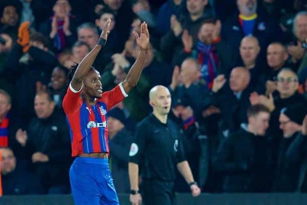 LONDON, ENGLAND - Saturday, November 23, 2019: Crystal Palace's Wilfried Zaha celebrates scoring the first goal during the FA Premier League match between Crystal Palace and Liverpool FC at Selhurst Park. (Pic by David Rawcliffe/Propaganda)