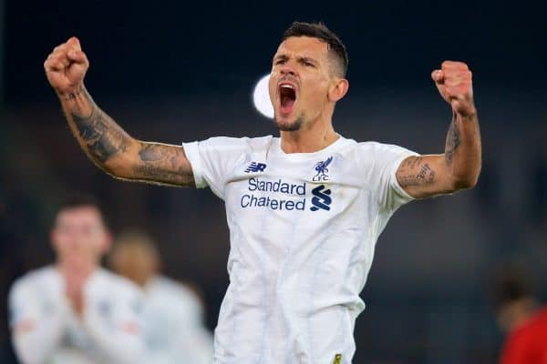 LONDON, ENGLAND - Saturday, November 23, 2019: Liverpool's Dejan Lovren celebrates after the FA Premier League match between Crystal Palace and Liverpool FC at Selhurst Park. Liverpool won 2-1. (Pic by David Rawcliffe/Propaganda)