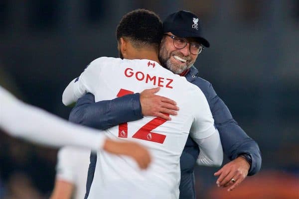 LONDON, ENGLAND - Saturday, November 23, 2019: Liverpool's manager Jürgen Klopp celebrates with Joe Gomez after the FA Premier League match between Crystal Palace and Liverpool FC at Selhurst Park. Liverpool won 2-1. (Pic by David Rawcliffe/Propaganda)