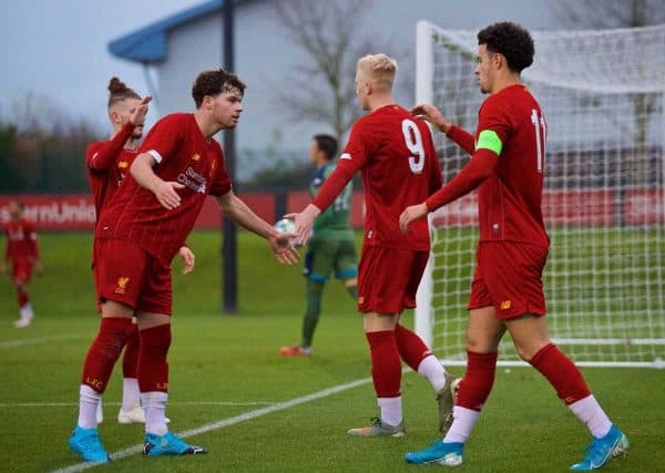 KIRKBY, ENGLAND - Wednesday, November 27, 2019: Liverpool's Luis Longstaff (C) celebrates scoring the fifth goal with team-mates Neco Williams (L) and captain Curtis Jones (R) during the UEFA Youth League Group E match between Liverpool FC Under-19's and SSC Napoli Under-19's at the Liverpool Academy. (Pic by David Rawcliffe/Propaganda)