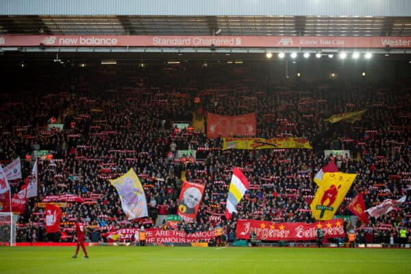 LIVERPOOL, ENGLAND - Saturday, November 30, 2019: Liverpool supporters on the Spion Kop before the FA Premier League match between Liverpool FC and Brighton & Hove Albion FC at Anfield. (Pic by David Rawcliffe/Propaganda)