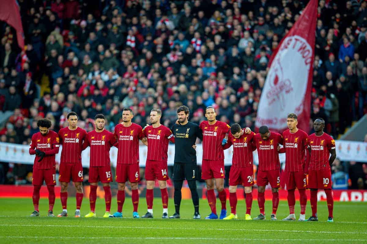 LIVERPOOL, ENGLAND - Saturday, November 30, 2019: Liverpool and Brighton & Hove Albion players and supporters stand for a moment's applause before the FA Premier League match between Liverpool FC and Brighton & Hove Albion FC at Anfield. (Pic by David Rawcliffe/Propaganda)