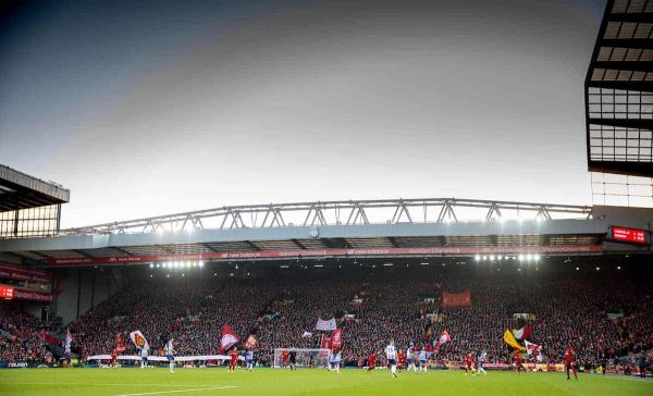 LIVERPOOL, ENGLAND - Saturday, November 30, 2019: Liverpool supporters on the Spion Kop with a banner remembering each of the 96 victims of the Hillsborough Stadium Disaster, just days after the Chief Inspector in charge at the time David Duckinfield was found not guilty of their manslauter, during the FA Premier League match between Liverpool FC and Brighton & Hove Albion FC at Anfield. (Pic by David Rawcliffe/Propaganda)