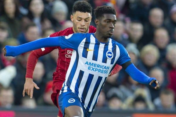 LIVERPOOL, ENGLAND - Saturday, November 30, 2019: Brighton & Hove Albion's Yves Bissouma during the FA Premier League match between Liverpool FC and Brighton & Hove Albion FC at Anfield. (Pic by David Rawcliffe/Propaganda)