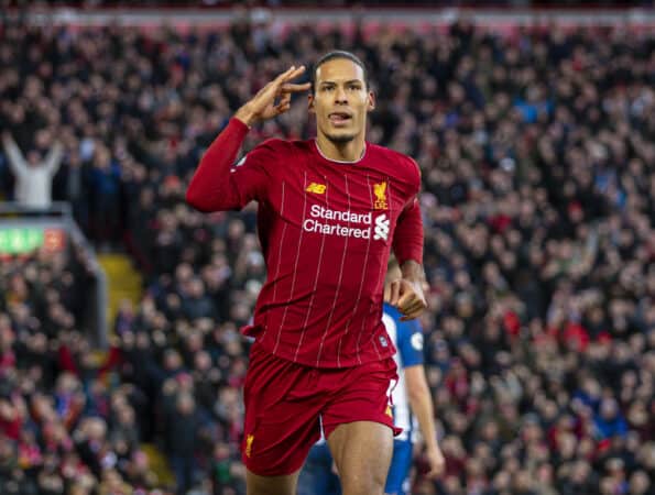 LIVERPOOL, ENGLAND - Saturday, November 30, 2019: Liverpool's Virgil van Dijk celebrates after scoring the first goal wth a header during the FA Premier League match between Liverpool FC and Brighton & Hove Albion FC at Anfield. Van Dijk scored both goals as Liverpool won 2-1. (Pic by David Rawcliffe/Propaganda)