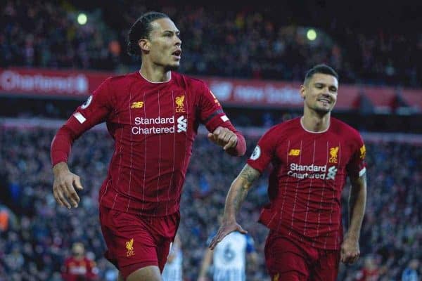 LIVERPOOL, ENGLAND - Saturday, November 30, 2019: Liverpool's Virgil van Dijk celebrates after scoring the first goal wth a header during the FA Premier League match between Liverpool FC and Brighton & Hove Albion FC at Anfield. Van Dijk scored both goals as Liverpool won 2-1. (Pic by David Rawcliffe/Propaganda)