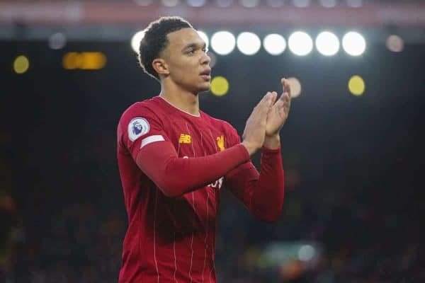 LIVERPOOL, ENGLAND - Saturday, November 30, 2019: Liverpool's Trent Alexander-Arnold applauds the supporters during the FA Premier League match between Liverpool FC and Brighton & Hove Albion FC at Anfield. (Pic by David Rawcliffe/Propaganda)