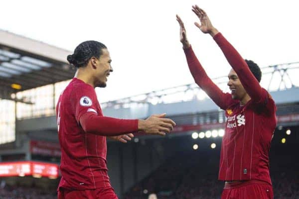 LIVERPOOL, ENGLAND - Saturday, November 30, 2019: Liverpool's Virgil van Dijk (L) celebrates scoring the second goal, his second of the game, with team-mate Trent Alexander-Arnold during the FA Premier League match between Liverpool FC and Brighton & Hove Albion FC at Anfield. Liverpool won 2-1. (Pic by David Rawcliffe/Propaganda)