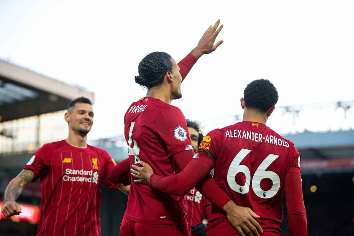 LIVERPOOL, ENGLAND - Saturday, November 30, 2019: Liverpool's Virgil van Dijk (C) celebrates scoring the second goal, his second of the game, during the FA Premier League match between Liverpool FC and Brighton & Hove Albion FC at Anfield. Liverpool won 2-1. (Pic by David Rawcliffe/Propaganda)