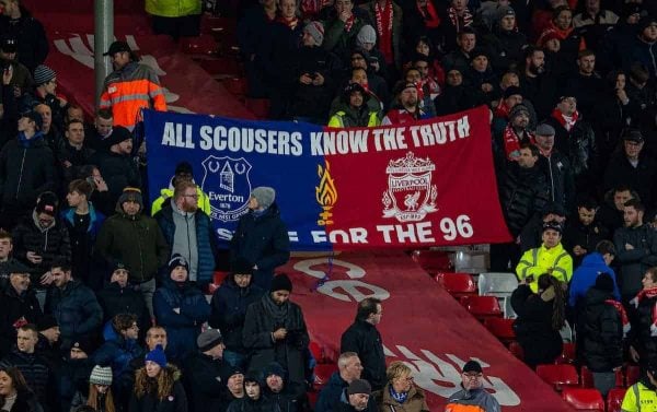 LIVERPOOL, ENGLAND - Wednesday, December 4, 2019: A banner stretching between the Everton and Liverpool supporters "All Scousers Know the Truth, Justice for the 96" before the FA Premier League match between Liverpool FC and Everton FC, the 234th Merseyside Derby, at Anfield. (Pic by David Rawcliffe/Propaganda)