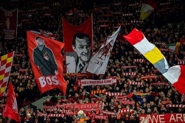 LIVERPOOL, ENGLAND - Wednesday, December 4, 2019: Liverpool supporters on the Spion Kop with flags featuring manager Jürgen Klopp and former manger Bob Paisley before the FA Premier League match between Liverpool FC and Everton FC, the 234th Merseyside Derby, at Anfield. (Pic by David Rawcliffe/Propaganda)