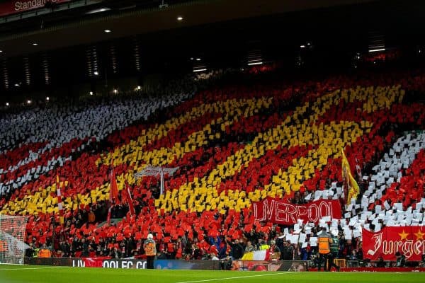 LIVERPOOL, ENGLAND - Wednesday, December 4, 2019: Liverpool supporters form a mosaic tribute to the 96 victims of the Hillsborough Stadium Disaster before the FA Premier League match between Liverpool FC and Everton FC, the 234th Merseyside Derby, at Anfield. (Pic by David Rawcliffe/Propaganda)