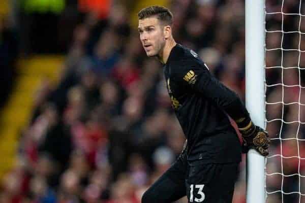 LIVERPOOL, ENGLAND - Wednesday, December 4, 2019: Liverpool's goalkeeper Adrián San Miguel del Castillo during the FA Premier League match between Liverpool FC and Everton FC, the 234th Merseyside Derby, at Anfield. (Pic by David Rawcliffe/Propaganda)