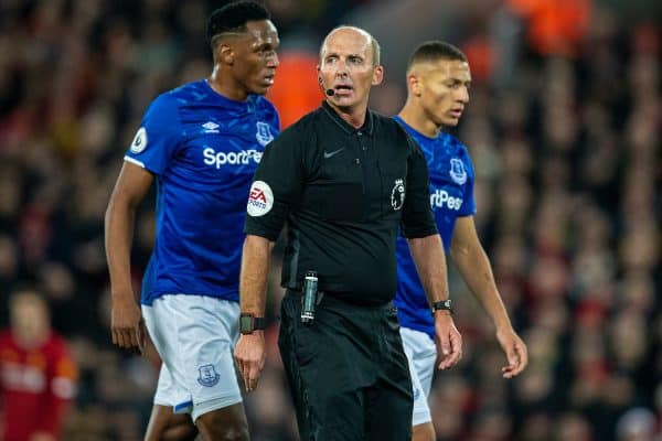 LIVERPOOL, ENGLAND - Wednesday, December 4, 2019: Referee Mike Dean during the FA Premier League match between Liverpool FC and Everton FC, the 234th Merseyside Derby, at Anfield. (Pic by David Rawcliffe/Propaganda)