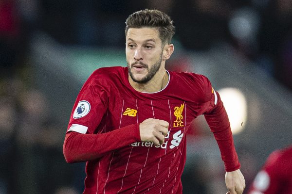 LIVERPOOL, ENGLAND - Wednesday, December 4, 2019: Liverpool's Adam Lallana during the FA Premier League match between Liverpool FC and Everton FC, the 234th Merseyside Derby, at Anfield. (Pic by David Rawcliffe/Propaganda)