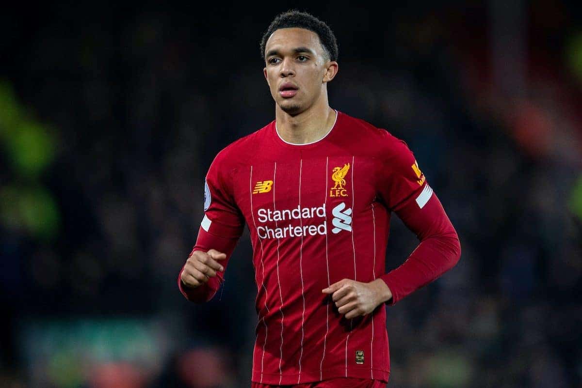 LIVERPOOL, ENGLAND - Wednesday, December 4, 2019: Liverpool's Trent Alexander-Arnold during the FA Premier League match between Liverpool FC and Everton FC, the 234th Merseyside Derby, at Anfield. (Pic by David Rawcliffe/Propaganda)