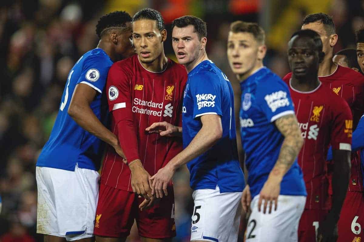 LIVERPOOL, ENGLAND - Wednesday, December 4, 2019: Liverpool's Virgil van Dijk and Everton's Michael Keane (R) during the FA Premier League match between Liverpool FC and Everton FC, the 234th Merseyside Derby, at Anfield. (Pic by David Rawcliffe/Propaganda)