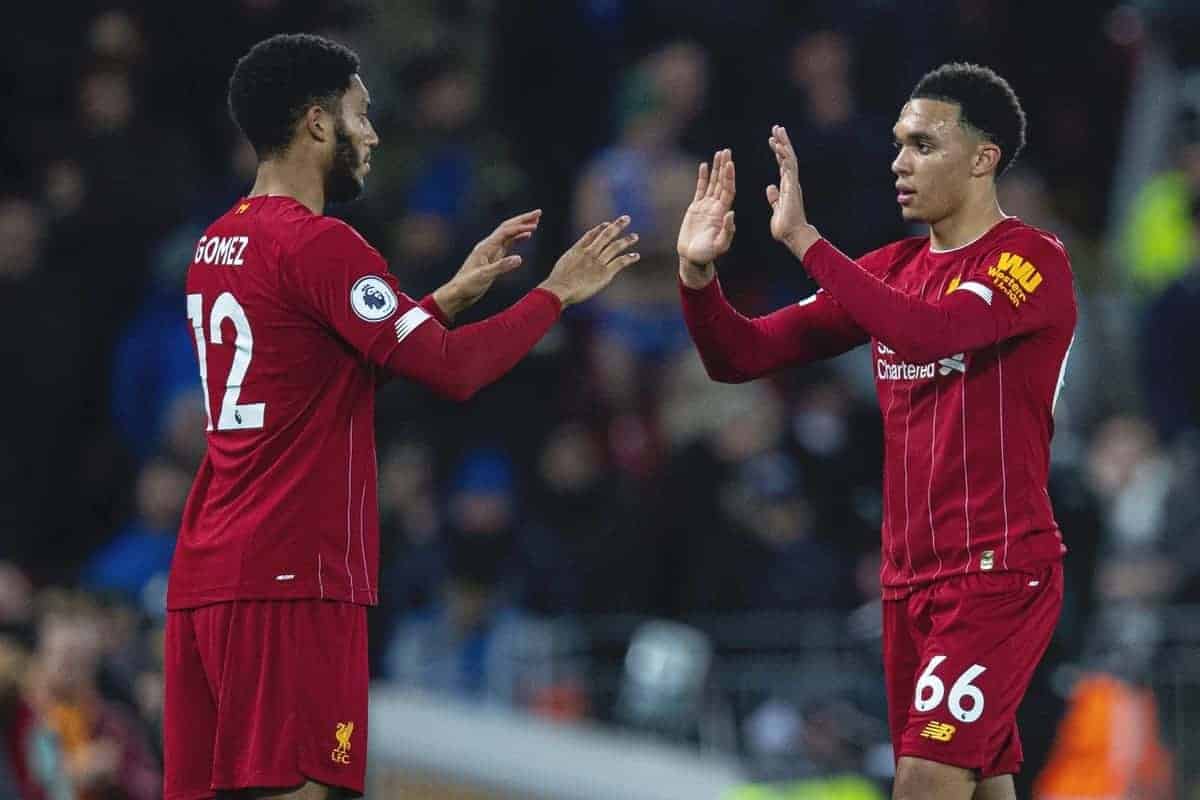 LIVERPOOL, ENGLAND - Wednesday, December 4, 2019: Liverpool's Trent Alexander-Arnold is replaced by substitute Joe Gomez during the FA Premier League match between Liverpool FC and Everton FC, the 234th Merseyside Derby, at Anfield. (Pic by David Rawcliffe/Propaganda)