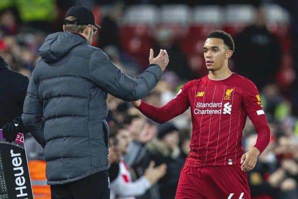 LIVERPOOL, ENGLAND - Wednesday, December 4, 2019: Liverpool's Trent Alexander-Arnold shakes hands with manager Jürgen Klopp as he is substituted during the FA Premier League match between Liverpool FC and Everton FC, the 234th Merseyside Derby, at Anfield. (Pic by David Rawcliffe/Propaganda)