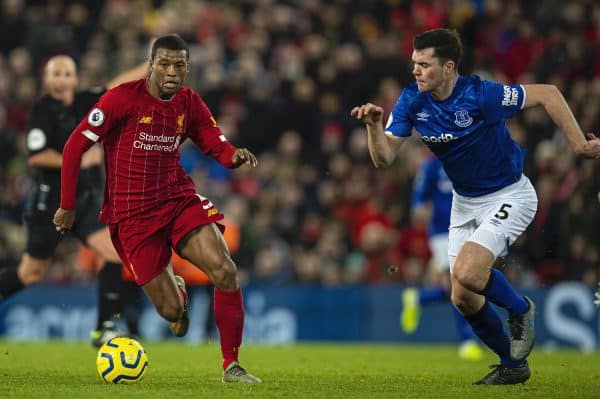 LIVERPOOL, ENGLAND - Wednesday, December 4, 2019: Liverpool's Georginio Wijnaldum gets away from Everton's Morgan Schneiderlin (L) and Michael Keane (R) during the FA Premier League match between Liverpool FC and Everton FC, the 234th Merseyside Derby, at Anfield. (Pic by David Rawcliffe/Propaganda)