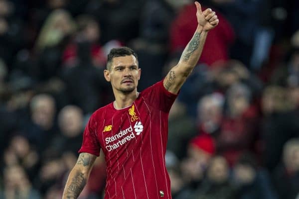 LIVERPOOL, ENGLAND - Wednesday, December 4, 2019: Liverpool's Dejan Lovren celebrates after the FA Premier League match between Liverpool FC and Everton FC, the 234th Merseyside Derby, at Anfield. Liverpool won 5-2. (Pic by David Rawcliffe/Propaganda)