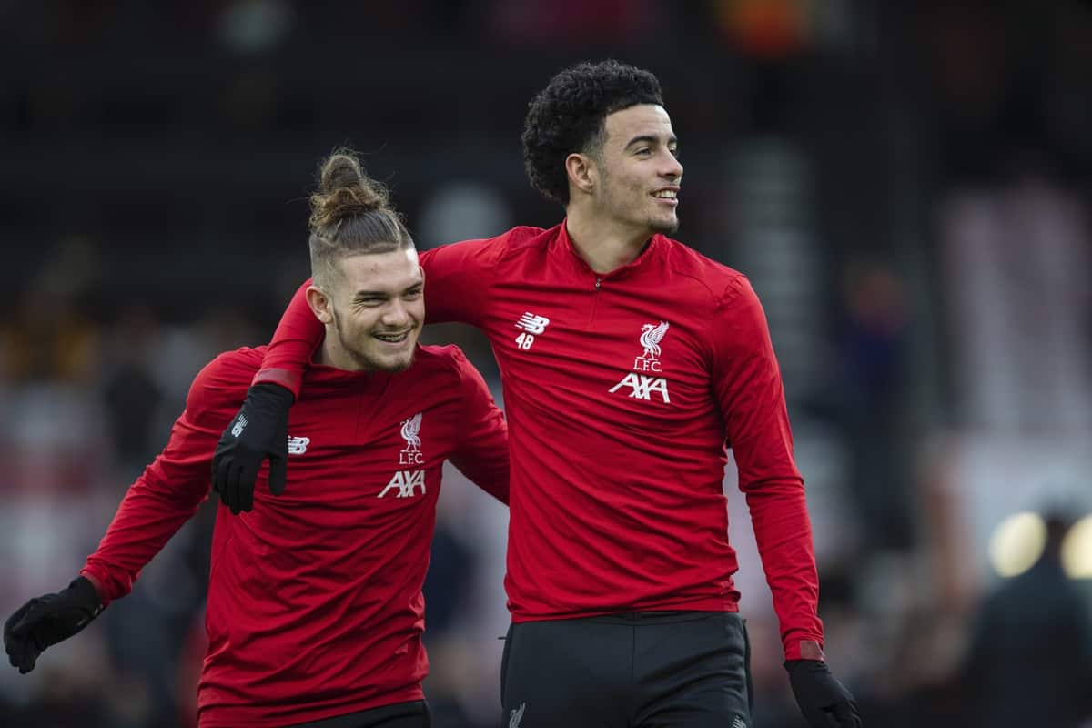 BOURNEMOUTH, ENGLAND - Saturday, December 7, 2019: Liverpool's Harvey Elliott (L) and Curtis Jones during the pre-match warm-up before the FA Premier League match between AFC Bournemouth and Liverpool FC at the Vitality Stadium. (Pic by David Rawcliffe/Propaganda)