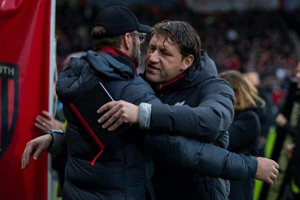 BOURNEMOUTH, ENGLAND - Saturday, December 7, 2019: Liverpool's manager Jürgen Klopp (L) and assistant manager Peter Krawietz before the FA Premier League match between AFC Bournemouth and Liverpool FC at the Vitality Stadium. (Pic by David Rawcliffe/Propaganda)