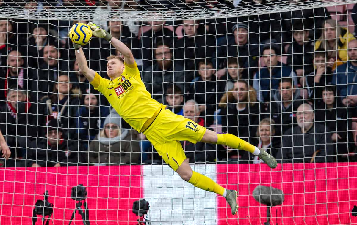 BOURNEMOUTH, ENGLAND - Saturday, December 7, 2019: AFC Bournemouth's goalkeeper Aaron Ramsdale makes a save during the FA Premier League match between AFC Bournemouth and Liverpool FC at the Vitality Stadium. (Pic by David Rawcliffe/Propaganda)