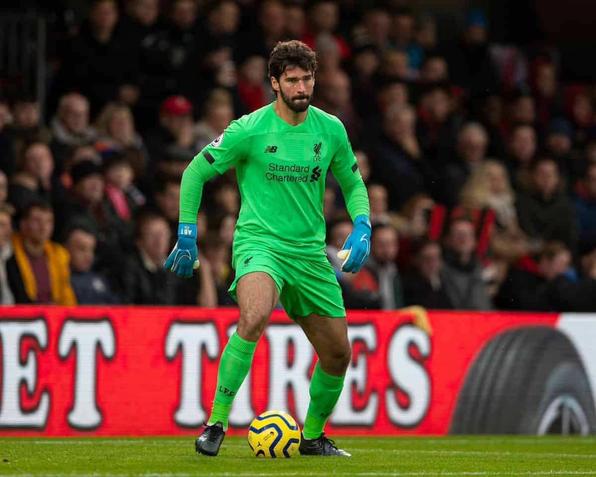 BOURNEMOUTH, ENGLAND - Saturday, December 7, 2019: Liverpool's goalkeeper Alisson Becker during the FA Premier League match between AFC Bournemouth and Liverpool FC at the Vitality Stadium. (Pic by David Rawcliffe/Propaganda)