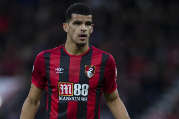 BOURNEMOUTH, ANGLETERRE - Samedi 7 décembre 2019 : Dominic Solanke de l'AFC Bournemouth lors du match de la FA Premier League entre l'AFC Bournemouth et le Liverpool FC au Vitality Stadium.  (Photo de David Rawcliffe/Propagande)