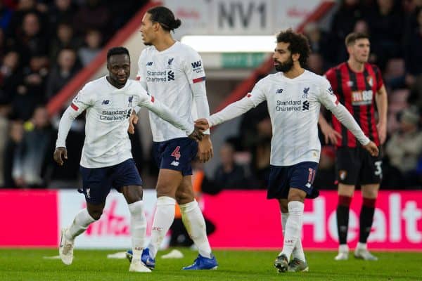 BOURNEMOUTH, ENGLAND - Saturday, December 7, 2019: Liverpool's Naby Keita (L) celebrates scoring the second goal with team-mate Mohamed Salah during the FA Premier League match between AFC Bournemouth and Liverpool FC at the Vitality Stadium. (Pic by David Rawcliffe/Propaganda)