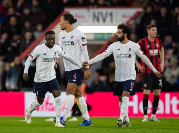 BOURNEMOUTH, ENGLAND - Saturday, December 7, 2019: Liverpool's Naby Keita (L) celebrates scoring the second goal with team-mate Mohamed Salah during the FA Premier League match between AFC Bournemouth and Liverpool FC at the Vitality Stadium. (Pic by David Rawcliffe/Propaganda)