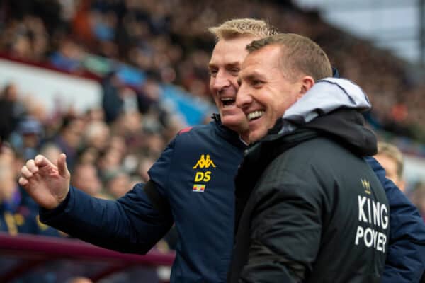 BIRMINGHAM, ENGLAND - Sunday, December 8, 2019: Leicester City's manager Brendan Rodgers (R) and Aston Villa's manager Dean Smith (L) before the FA Premier League match between Aston Villa FC and Leicester City FC at Villa Park. (Pic by David Rawcliffe/Propaganda)