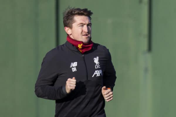 LIVERPOOL, ENGLAND - Monday, December 9, 2019: Liverpool's Ben Woodburn (R) with strength & rehabilitation assistant David Rydings during a training session at Melwood Training Ground ahead of the UEFA Champions League Group E match between FC Salzburg and Liverpool FC. (Pic by David Rawcliffe/Propaganda)