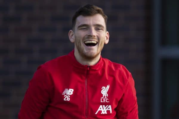 LIVERPOOL, ENGLAND - Monday, December 9, 2019: Liverpool's Andy Robertson (L) and captain Jordan Henderson during a training session at Melwood Training Ground ahead of the UEFA Champions League Group E match between FC Salzburg and Liverpool FC. (Pic by David Rawcliffe/Propaganda)