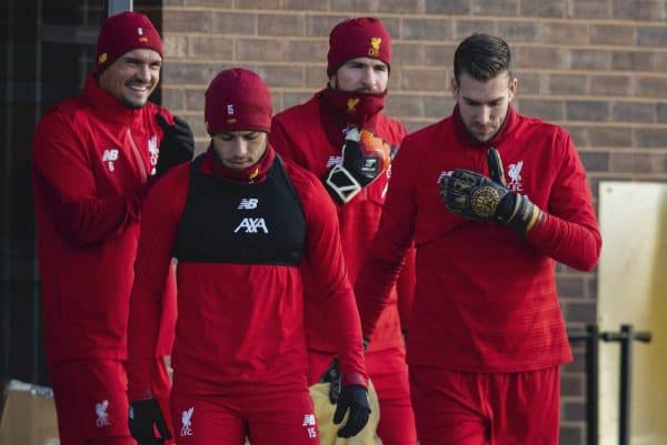 LIVERPOOL, ENGLAND - Monday, December 9, 2019: Liverpool's (L-R) Dejan Lovren, Alex Oxlade-Chamberlain, goalkeeper Adrián San Miguel del Castillo and goalkeeper Alisson Becker during a training session at Melwood Training Ground ahead of the UEFA Champions League Group E match between FC Salzburg and Liverpool FC. (Pic by David Rawcliffe/Propaganda)