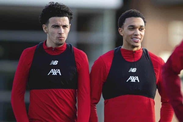 LIVERPOOL, ENGLAND - Monday, December 9, 2019: Liverpool's Curtis Jones (L) and Trent Alexander-Arnold during a training session at Melwood Training Ground ahead of the UEFA Champions League Group E match between FC Salzburg and Liverpool FC. (Pic by David Rawcliffe/Propaganda)