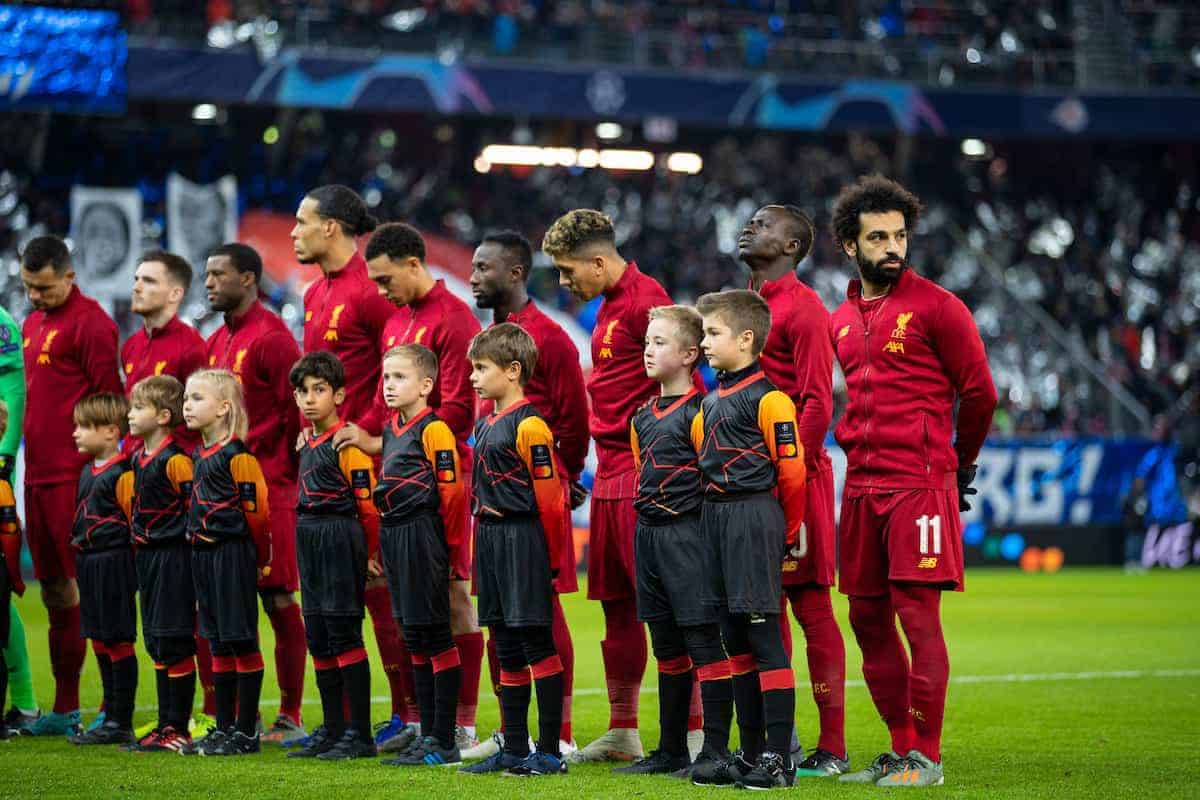 SALZBURG, AUSTRIA - Tuesday, December 10, 2019: Liverpool players line-up with the mascots before the final UEFA Champions League Group E match between FC Salzburg and Liverpool FC at the Red Bull Arena. (Pic by David Rawcliffe/Propaganda)