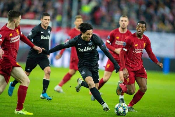 SALZBURG, AUSTRIA - Tuesday, December 10, 2019: FC Salzburg's Takumi Minamino during the final UEFA Champions League Group E match between FC Salzburg and Liverpool FC at the Red Bull Arena. (Pic by David Rawcliffe/Propaganda)