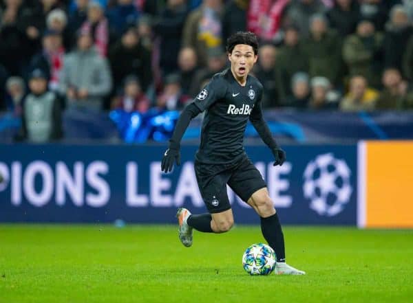 SALZBURG, AUSTRIA - Tuesday, December 10, 2019: FC Salzburg's Takumi Minamino during the final UEFA Champions League Group E match between FC Salzburg and Liverpool FC at the Red Bull Arena. (Pic by David Rawcliffe/Propaganda)