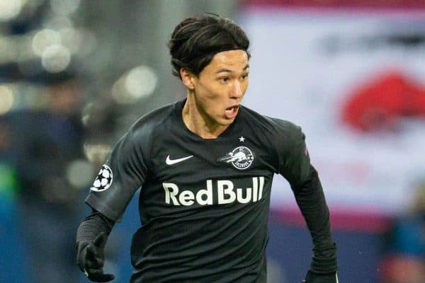 SALZBURG, AUSTRIA - Tuesday, December 10, 2019: FC Salzburg's Takumi Minamino during the final UEFA Champions League Group E match between FC Salzburg and Liverpool FC at the Red Bull Arena. (Pic by David Rawcliffe/Propaganda)