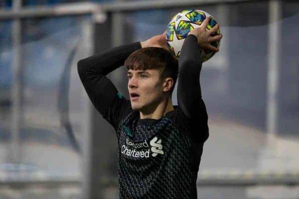 GRÖDIG, AUSTRIA - Tuesday, December 10, 2019: Liverpool's substitute Morgan Boyes takes a throw-in during the final UEFA Youth League Group E match between FC Salzburg and Liverpool FC at the Untersberg-Arena. (Pic by David Rawcliffe/Propaganda)