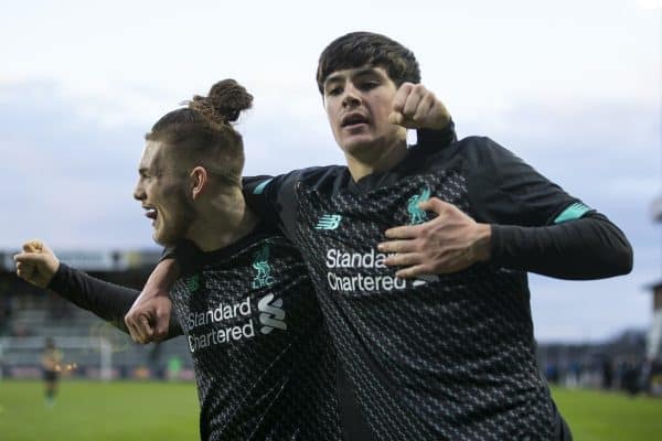 GRÖDIG, AUSTRIA - Tuesday, December 10, 2019: Liverpool's Harvey Elliott (L) and substitute Layton Stewart celebrate the winning third goal, with the last kick of the game, during the final UEFA Youth League Group E match between FC Salzburg and Liverpool FC at the Untersberg-Arena. Liverpool's won 3-2. (Pic by David Rawcliffe/Propaganda)