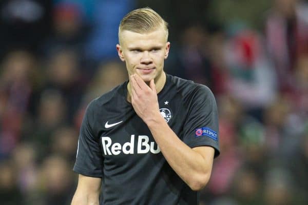 SALZBURG, AUSTRIA - Tuesday, December 10, 2019: FC Salzburg's Erling Braut Haaland looks dejected after missing a chance during the final UEFA Champions League Group E match between FC Salzburg and Liverpool FC at the Red Bull Arena. (Pic by David Rawcliffe/Propaganda)