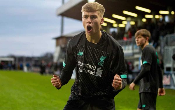 GRÖDIG, AUSTRIA - Tuesday, December 10, 2019: Liverpool's substitute Jack Bearne celebrates after scoring the winning third goal, with the last kick of the game, during the final UEFA Youth League Group E match between FC Salzburg and Liverpool FC at the Untersberg-Arena. Liverpool's won 3-2. (Pic by David Rawcliffe/Propaganda)